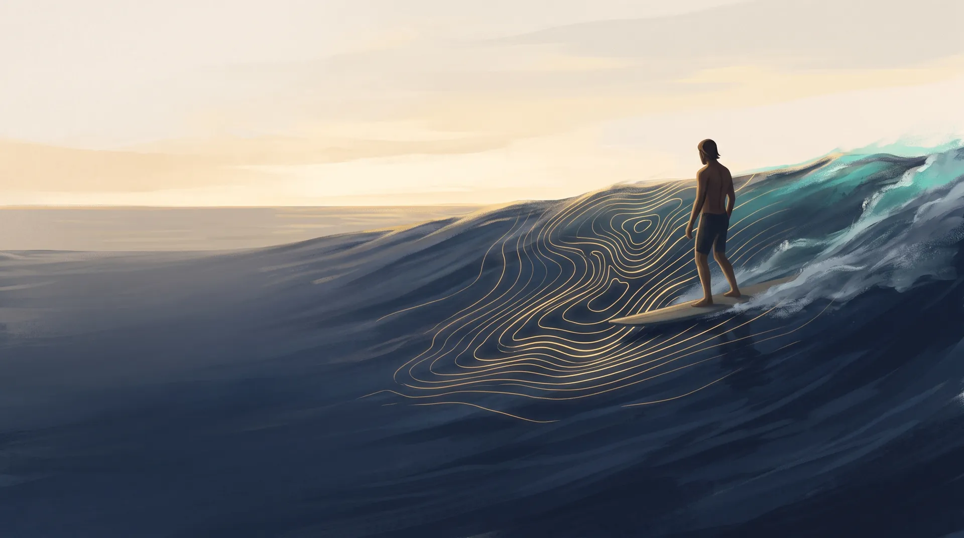Surfer na fali o świcie; przed nim złote linie rysują wodę, która dopiero nadpłynie.